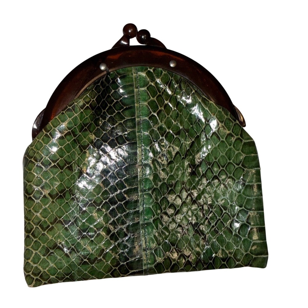 Vintage Green Snakeskin Clutch Tortoises Frame Kiss Lock Evening‎ Bag